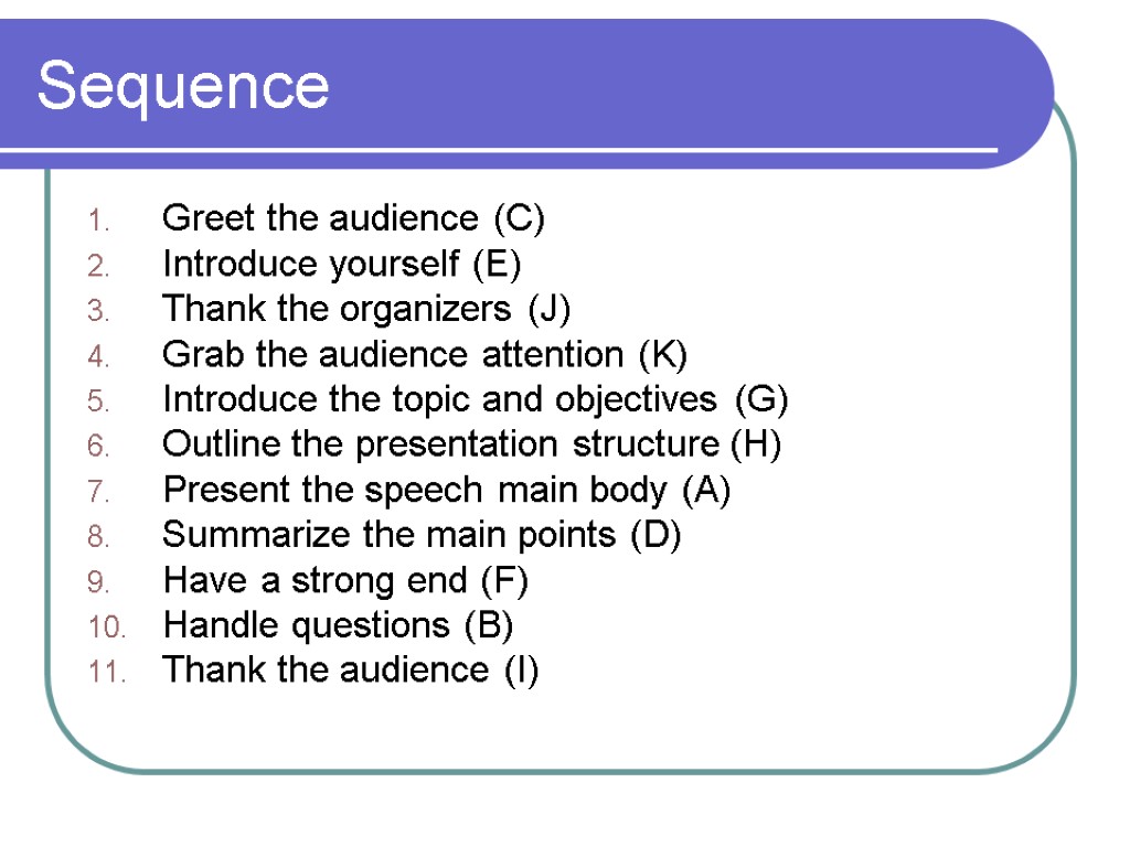 Sequence Greet the audience (C) Introduce yourself (E) Thank the organizers (J) Grab the